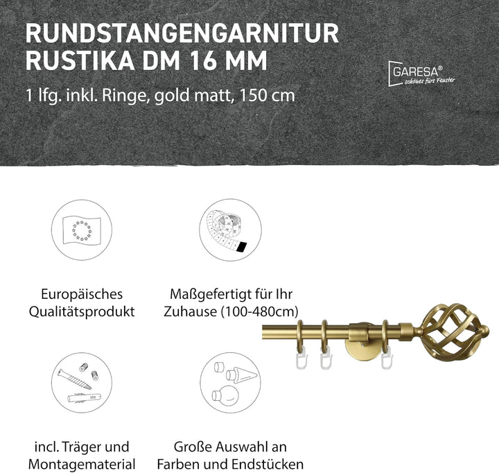 Garesa Gardinenstange Rustika Ø 16mm, 1-läufig, Gold matt I Rustikale Vorhangstange aus Metall inkl.