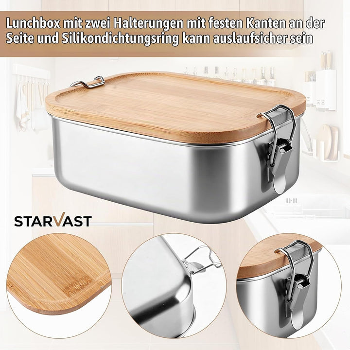 STARVAST 2 Stück Lunchbox für Erwachsene Kinder, Edelstahl Brotdose mit Fächern Holzdeckel,BPA-frei
