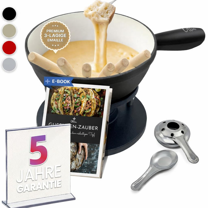 Ottia Gusseisen Fondue Set für 2, 3, 4, 5, 6 Personen, 3-lagige Emaille, Schadstofffrei, 10-teilig m