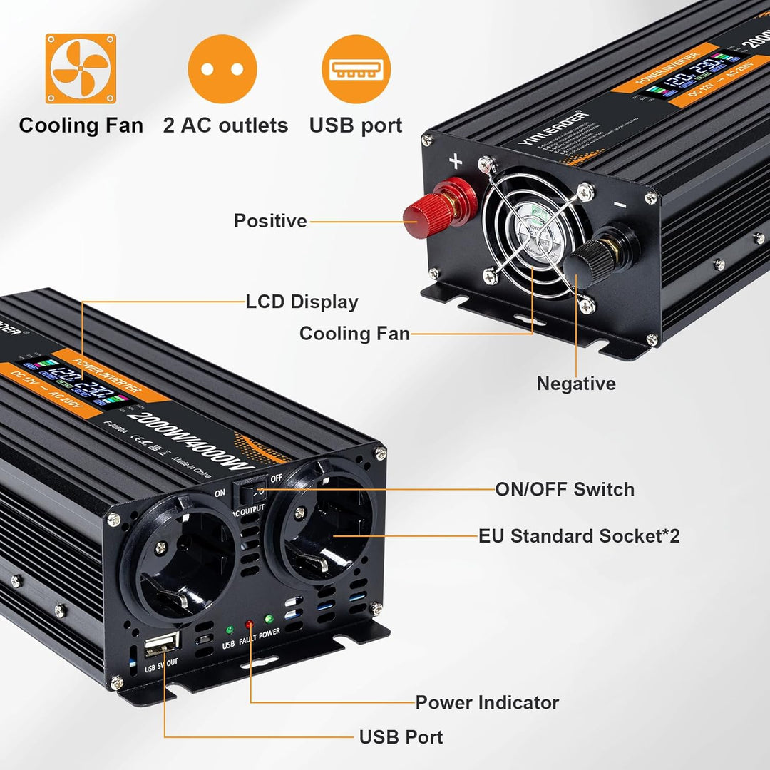 Yinleader Wechselrichter 12V 230V 2000W Spannungswandler mit LCD Display DC 12V auf 230V AC Spitzenl