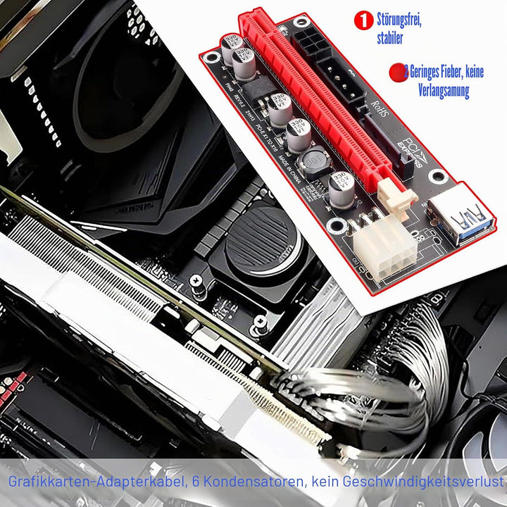 PCIe 1X auf 16X Riser Karte für Bitcoin Mining - 3 Netzteiloptionen (6Pin, Molex, SATA), 60 cm gesch