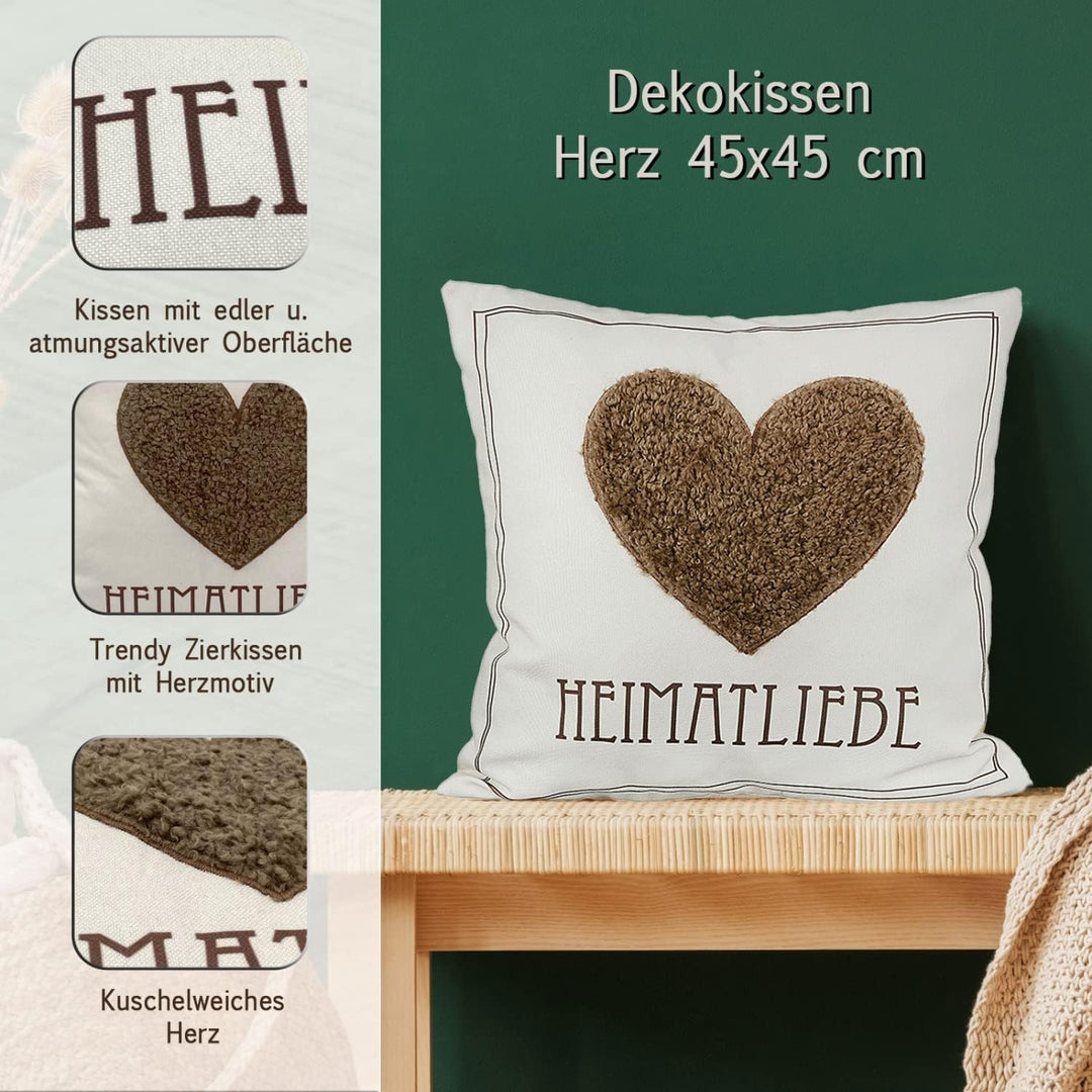 Sofakissen Dekokissen 45 x 45 cm Herz o. Hirsch Stoff Creme braun Farbe mit Herz 1 Stück, Mit Herz 1