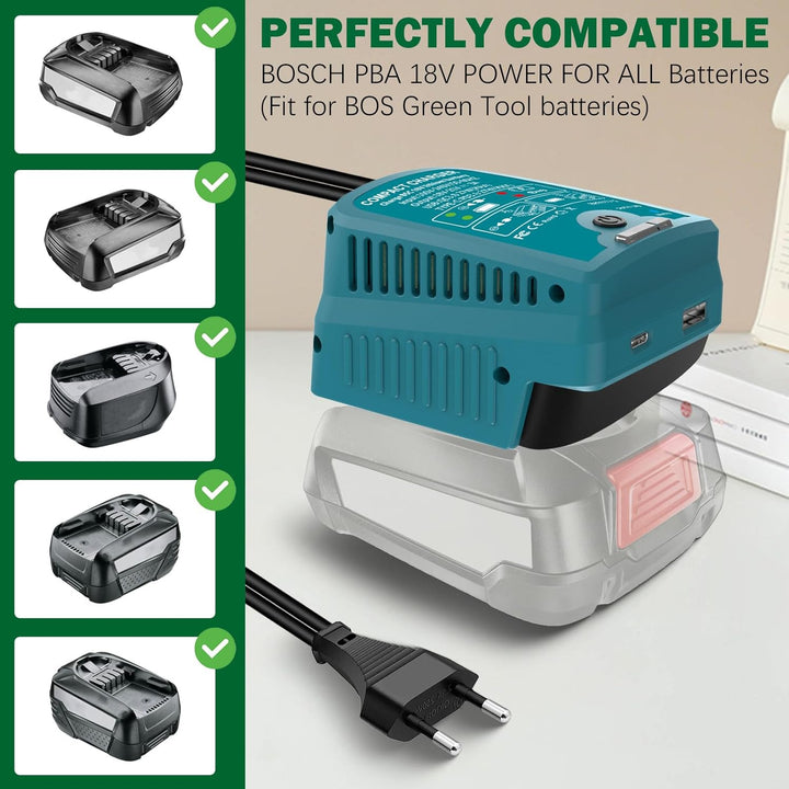 Schnellladegerät für Bosch 18V PBA Gome und Garten Ladegerät,mit USB & Type-C Output,Eingang 220V, A