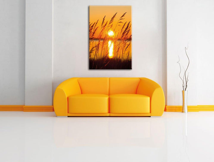 Sonne zwischen Gräsern, Format: 100x70 auf Leinwand, XXL riesige Bilder fertig gerahmt mit Keilrahme