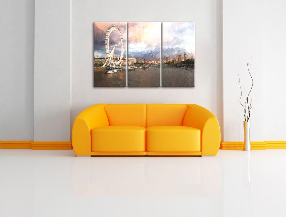 Pixxprint Riesenrad, London Eye Malerei Effekt 3-Teiler Leinwandbild 120x80 Bild auf Leinwand