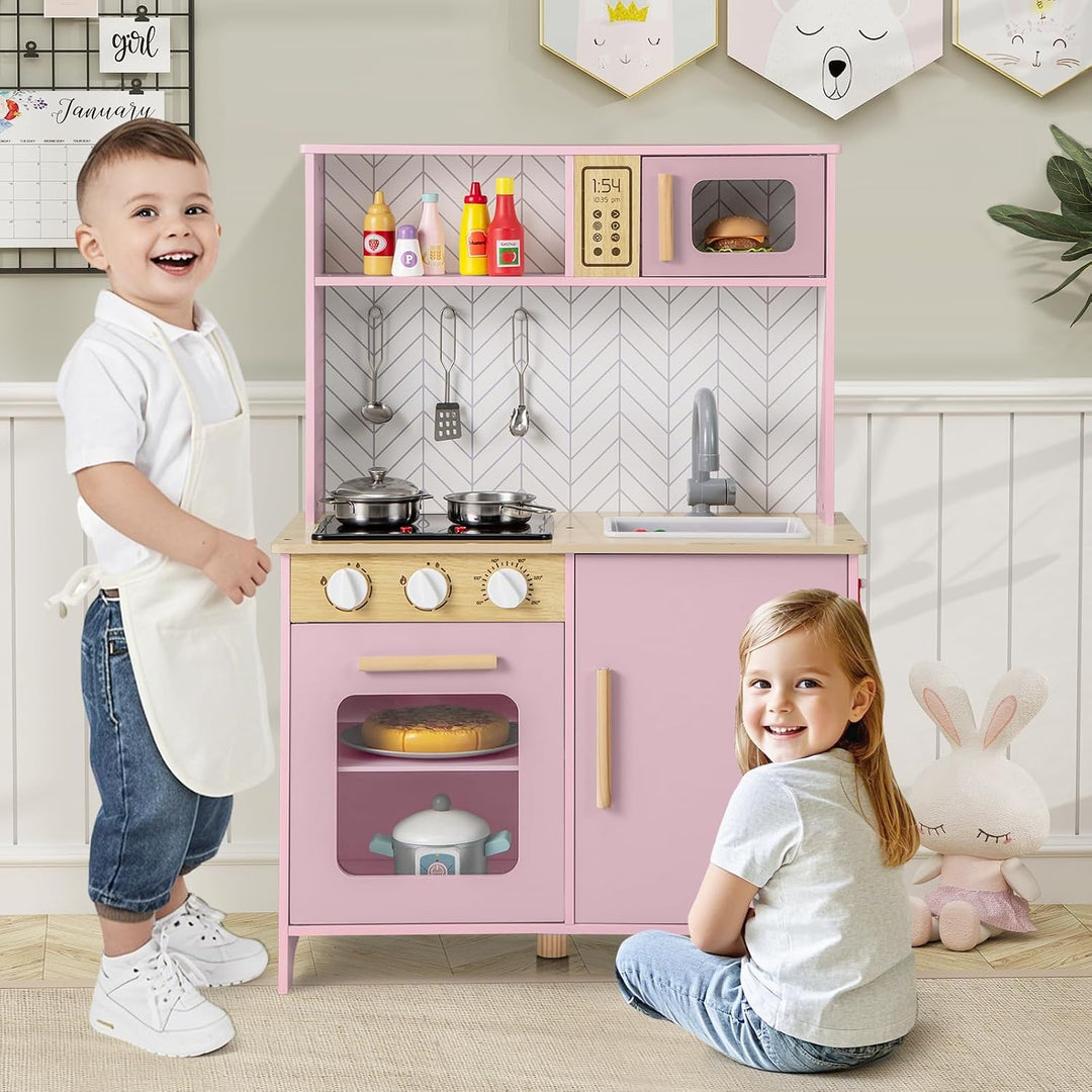 COSTWAY Kinderküche mit Zubehör, Spielküche Holz mit Mikrowelle Herd Spüle Ofen, Kinder Küche mit Li