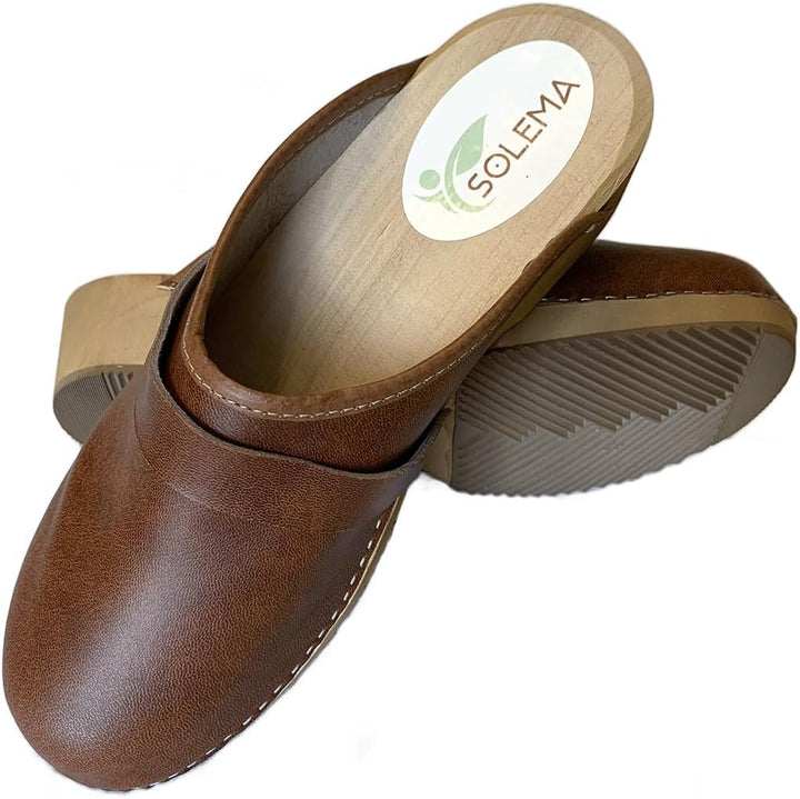 Solema Erik Lederschuhe Clog Pantolette Komfortschuhe Hausschuhe, Herren 45 EU Dunkler Cognac, 45 EU