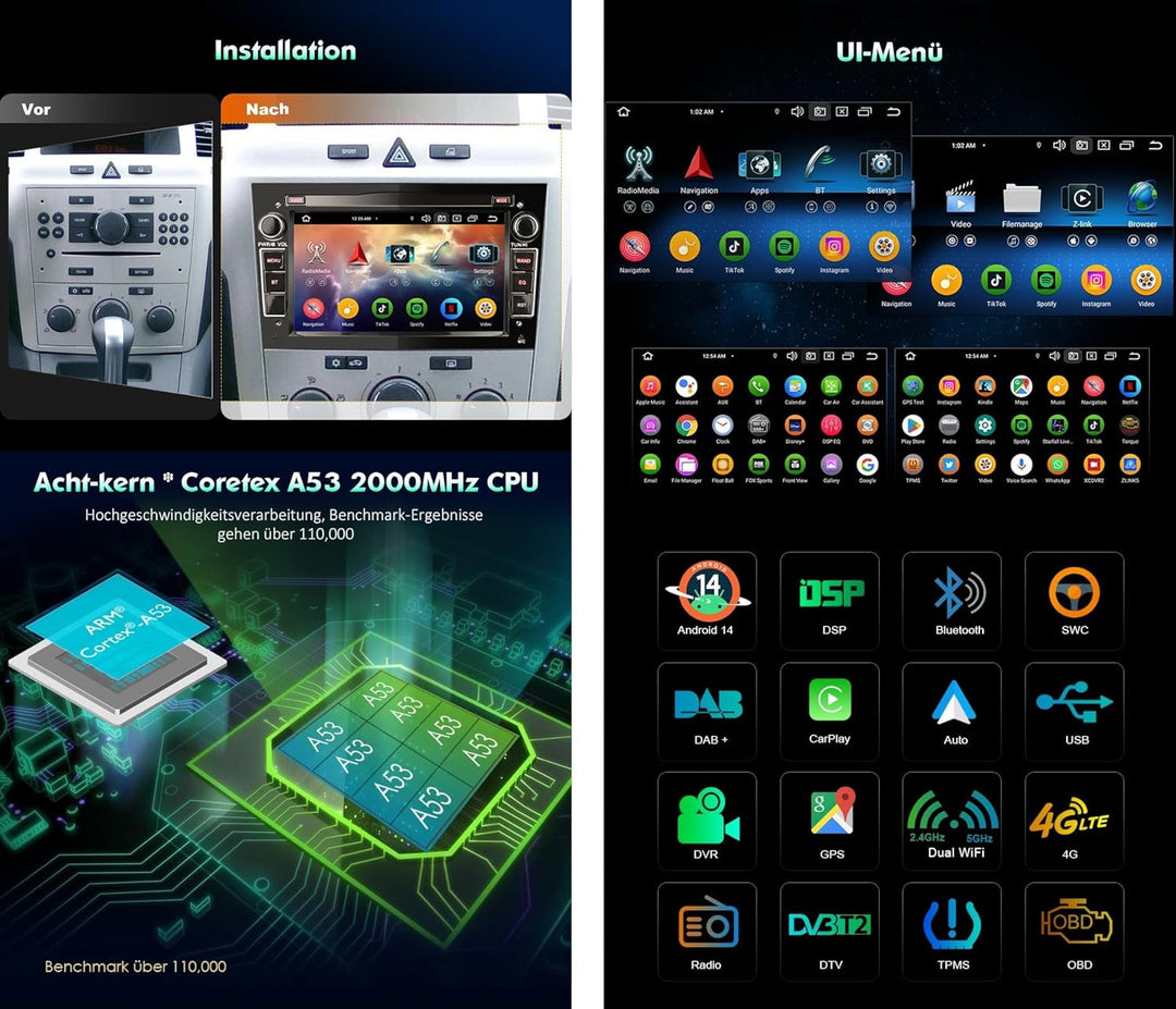 Erisin 8 Kern 4GB+64GB Android 14 Autoradio Für Opel Astra H Combo Corsa C/D Signum Zafira Vectra mi