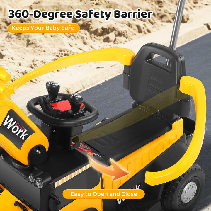 12V Kinder Sitzbagger mit 360 ° drehbarer und Verstellbarer Schaufel, Kinderbagger mit Stauraum unte