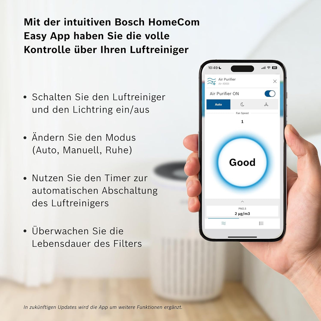 Bosch Air 4000i App-gesteuerter Luftreiniger - Für Räume bis zu 62,5 m² - Entfernt Schadstoffe - Mit