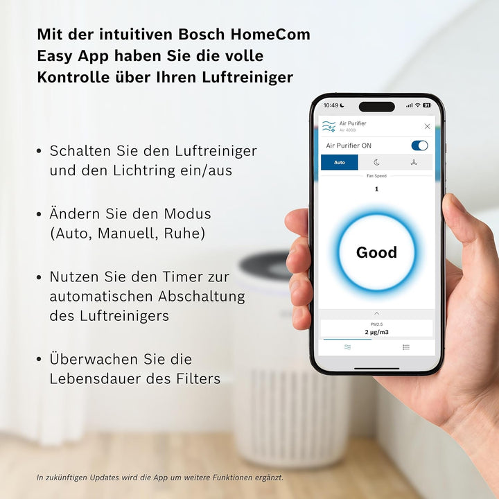 Bosch Air 4000i App-gesteuerter Luftreiniger - Für Räume bis zu 62,5 m² - Entfernt Schadstoffe - Mit