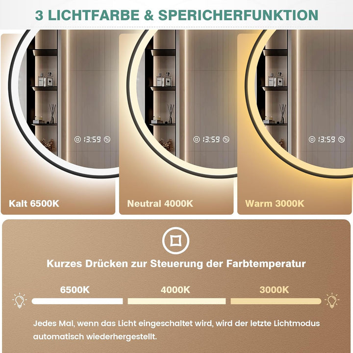 Runder LED Spiegel mit Beleuchtung und Uhr 60 cm - Antibeschlag, Dimmbar, 3 Lichtfarben, Touch-Schal