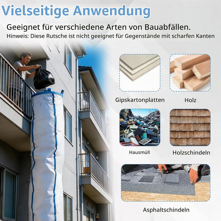 Schuttrutsche, 4m Bauschuttrutsche mit 8 Kabelbindern, Staubreduzierung, Platzsparend, Reissfester G