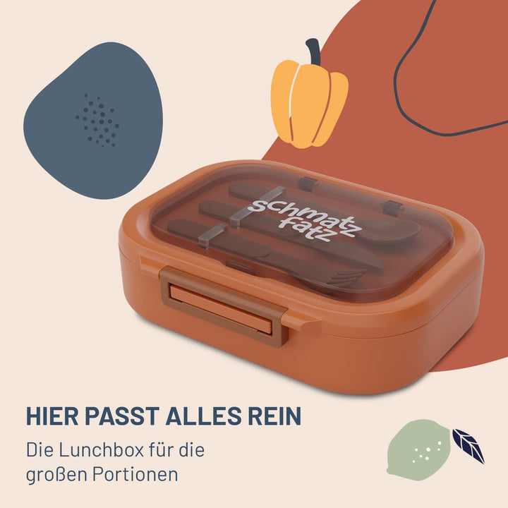 schmatzfatz Brotdose – Auslaufsicher, BPA-Frei, 3 Fächer, Inkl. Besteck, Spülmaschinenfest, Tritan,