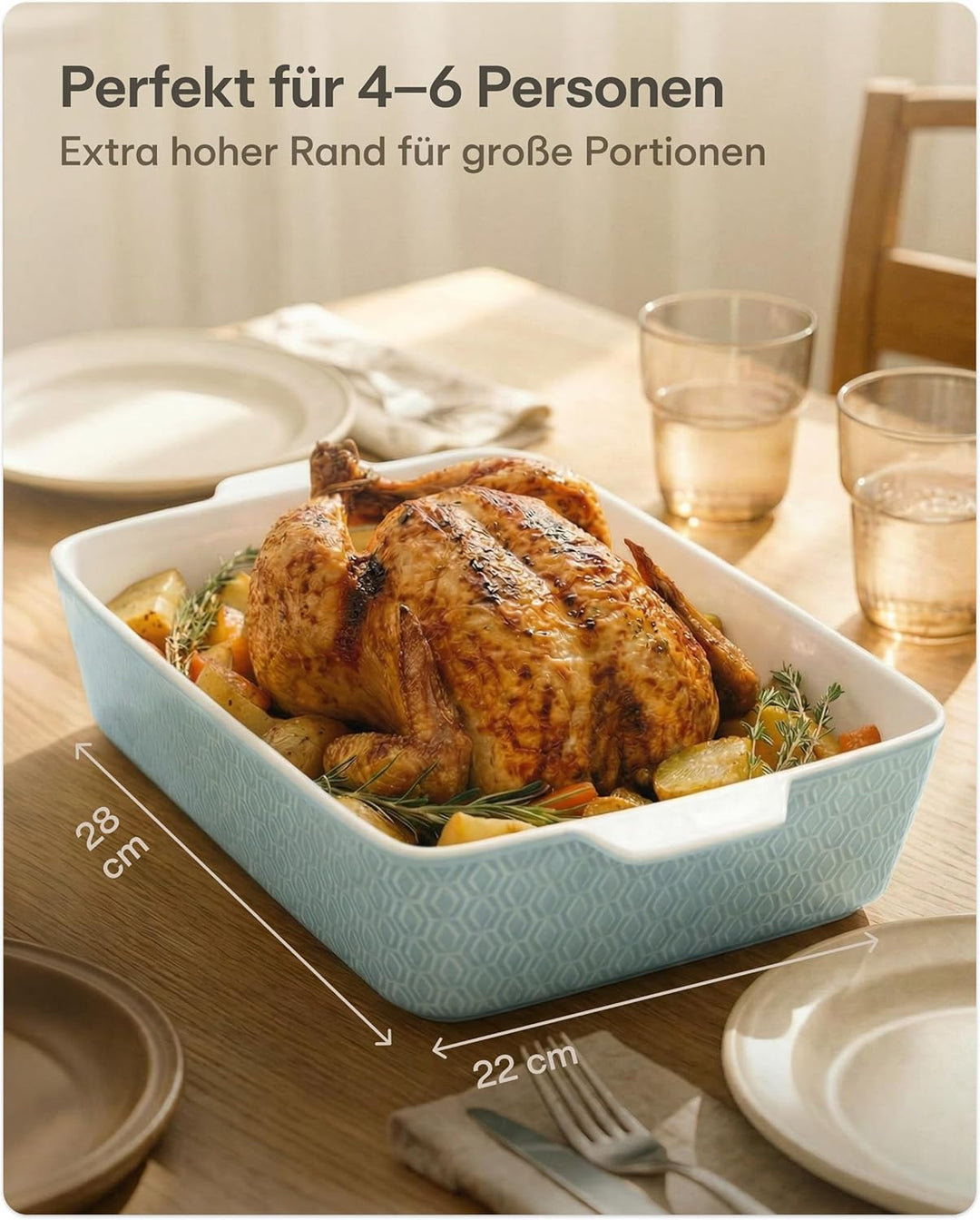 Auflaufform Gross aus Keramik - Für Lasagne, Tiramisu & Auflauf - Extra Hoher Rand - Eckige Backform