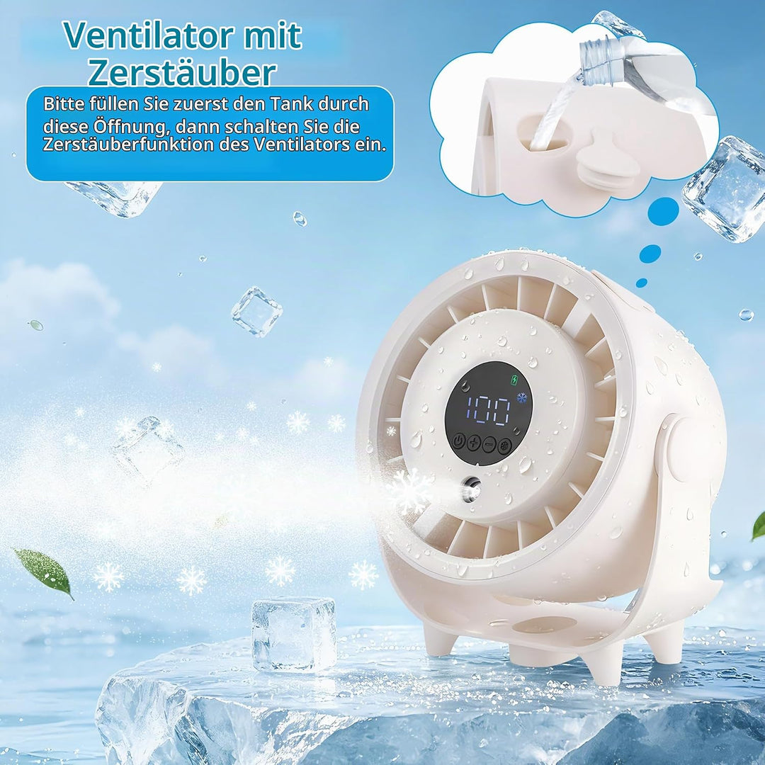 Kssvzz Tischventilator mit Nebelfunktion, Mini Ventilator Leiser über USB Aufladbar, 6000-mAh-Akku,