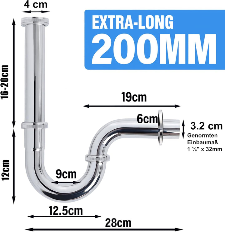 Universal Siphon Waschbecken 200mm Extra Lang G1-1/4" Edelstahl Abflussrohr, Ablaugarnitur Waschbeck