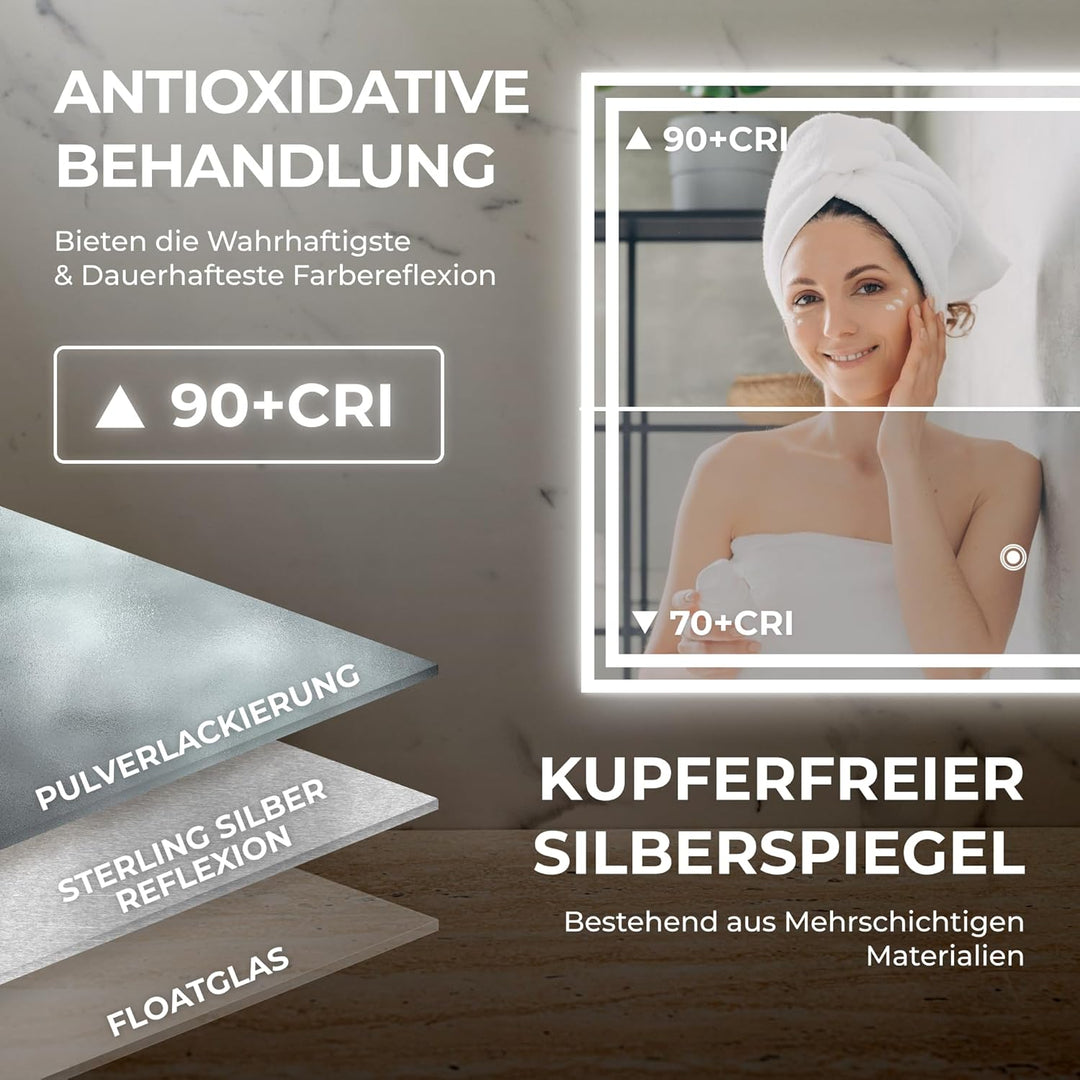 BR Bringer LED Badspiegel - 70x50 cm - Badezimmerspiegel mit Beleuchtung und Anti-Beschlag Funktion