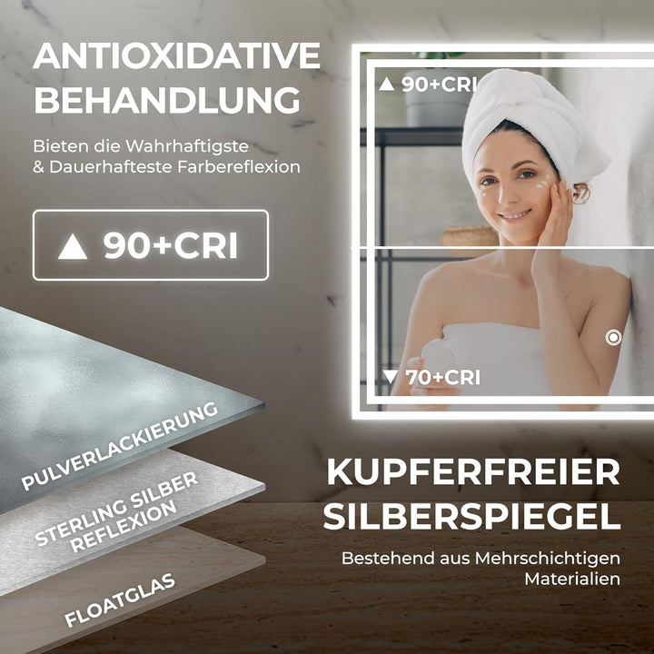 BR Bringer LED Badspiegel - 70x50 cm - Badezimmerspiegel mit Beleuchtung und Anti-Beschlag Funktion