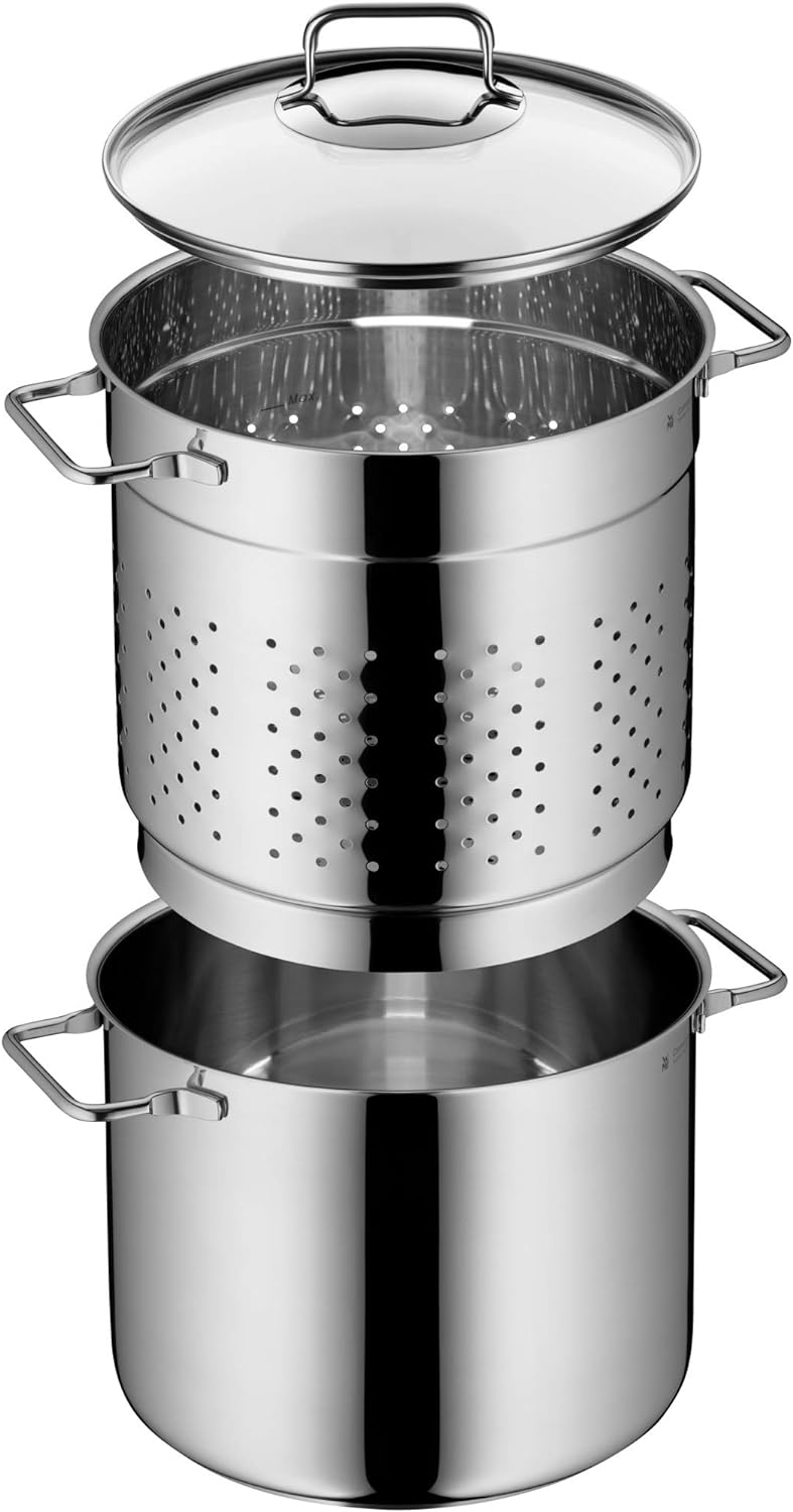 WMF Nudeltopf mit Sieb 24 cm Induktion, Kochtopf gross 7l, Spaghettitopf mit Glasdeckel, Cromargan E