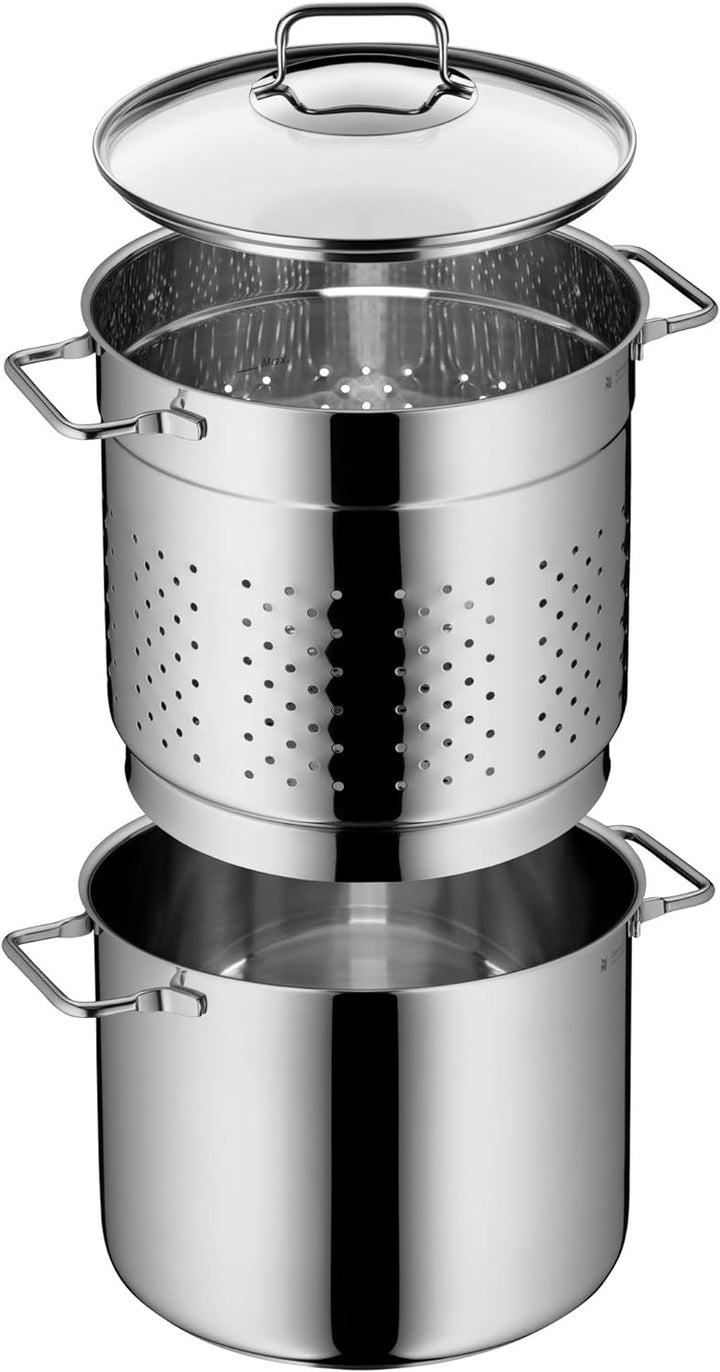 WMF Nudeltopf mit Sieb 24 cm Induktion, Kochtopf gross 7l, Spaghettitopf mit Glasdeckel, Cromargan E