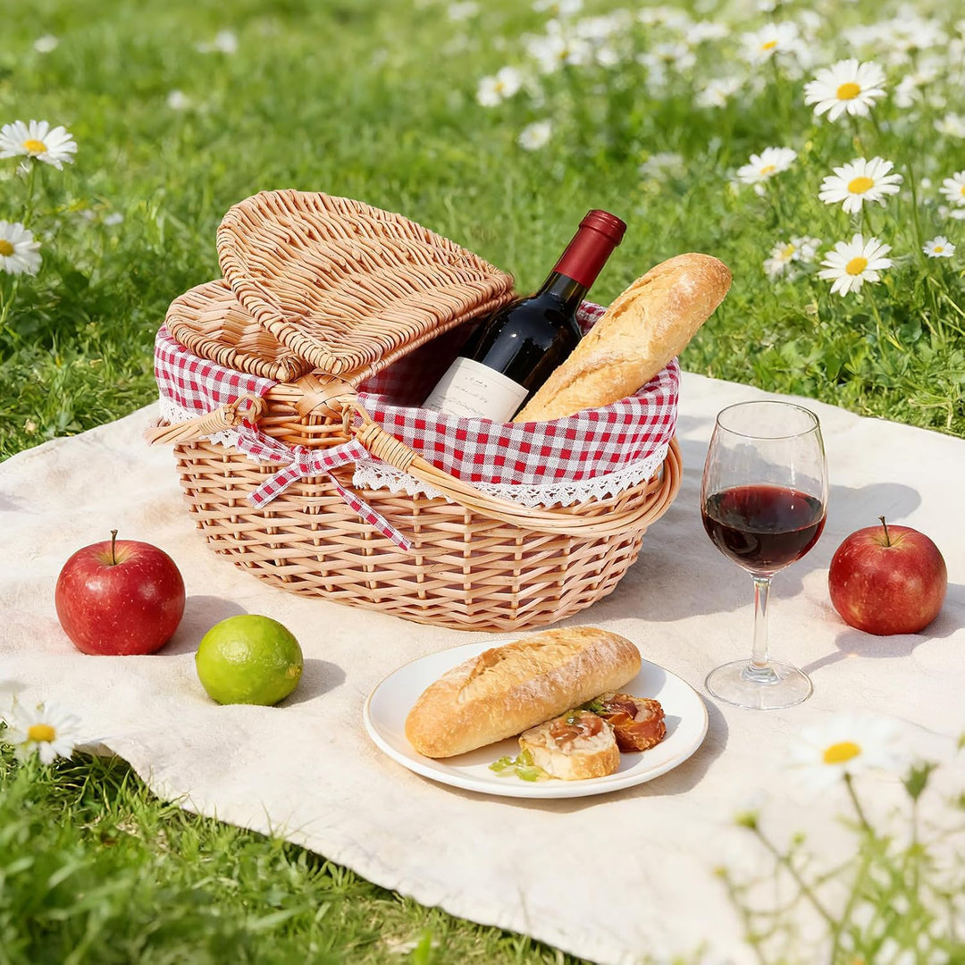 Picknickkorb, Picknickkorb mit Doppelt zu öffnendem Deckel und Klappbarem Griff, Handgewebter Korb m