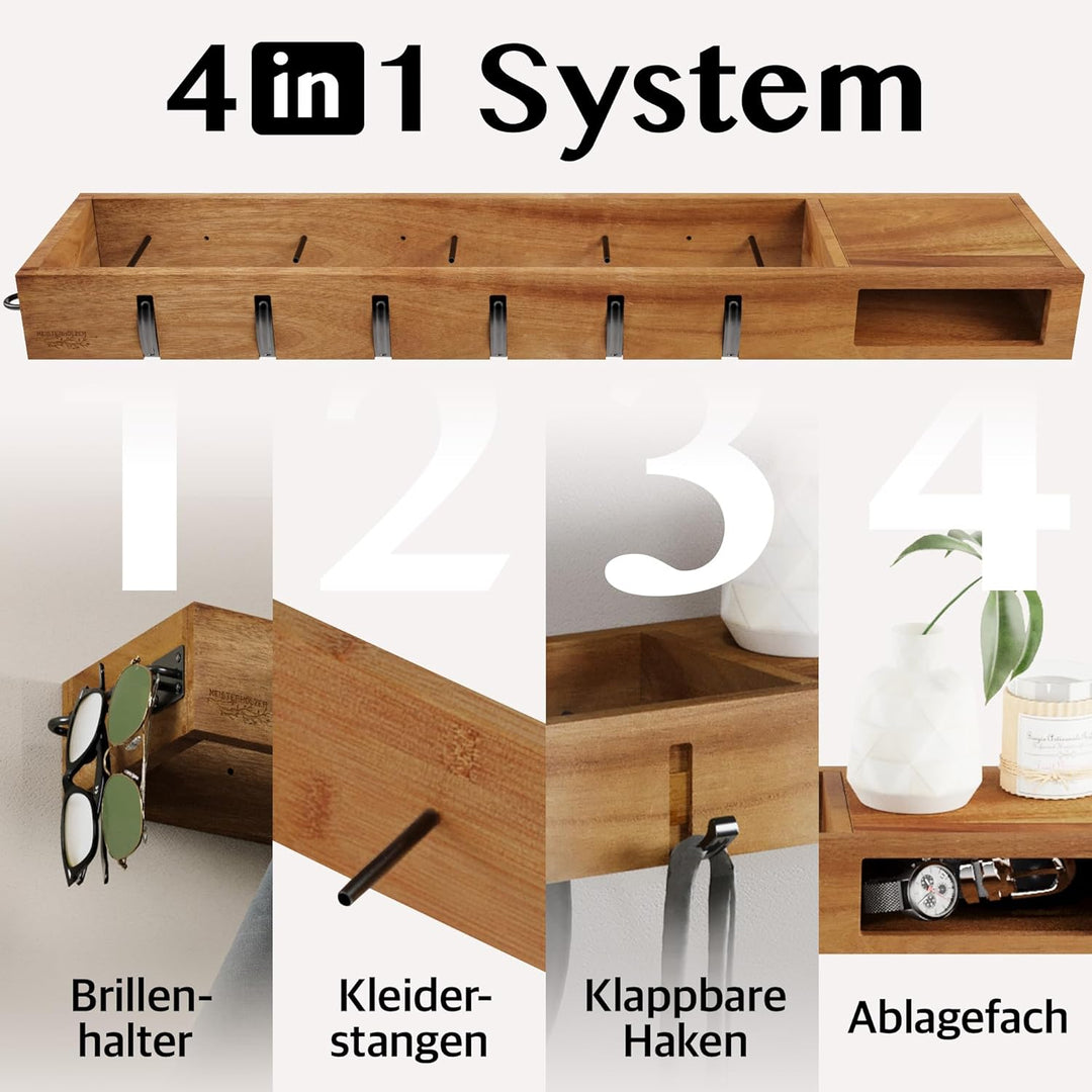 Wandgarderobe Holz – 4in1 Garderobe mit Ablage, Kleiderstangen, Kleiderhaken & Brillenhalter – 100cm