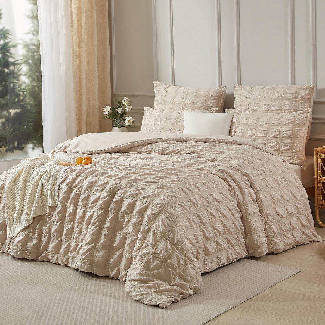 Luofanfei Beige Seersucker Bettwäsche 135x200 Sommer Kühlende Gestreiftes Karierte Uni Muster Sommer