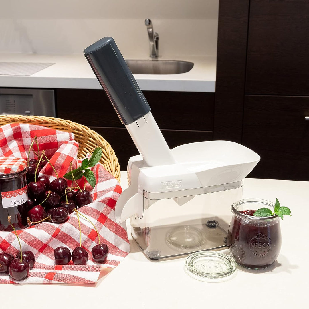 Westmark Kirschentsteiner mit Schütte, Kernkassette und Rezeptheft, Höhe: 30 cm, Rostfreier Edelstah