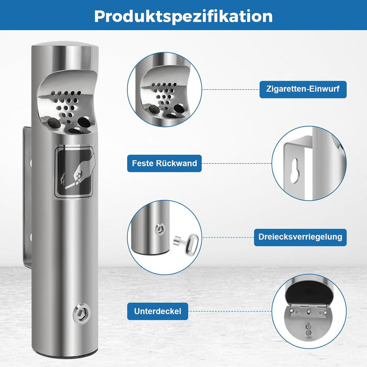 Mülleimer Wandmontage aus Edelstahl, Vertikaler Tubular öffentliche Küchenabfalleimer, Wandmontierte