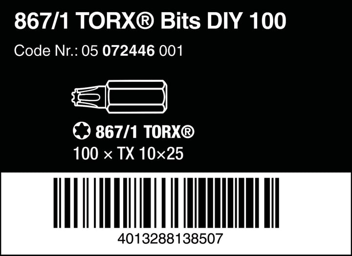 Wera 05072446001 867/1 Z TORX® DIY Bits, TX 10 x 25 mm, 100-teilig, TX 10 x 25