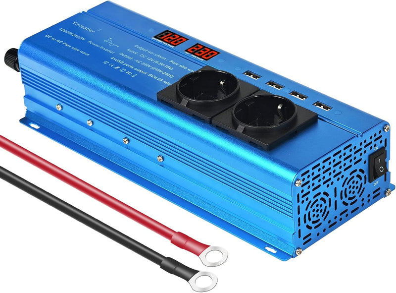 Yinleader Wechselrichter 12V 230V 1200W / 2400W Reiner Sinus-Spannungswandler 2 Steckdosen und 4 USB