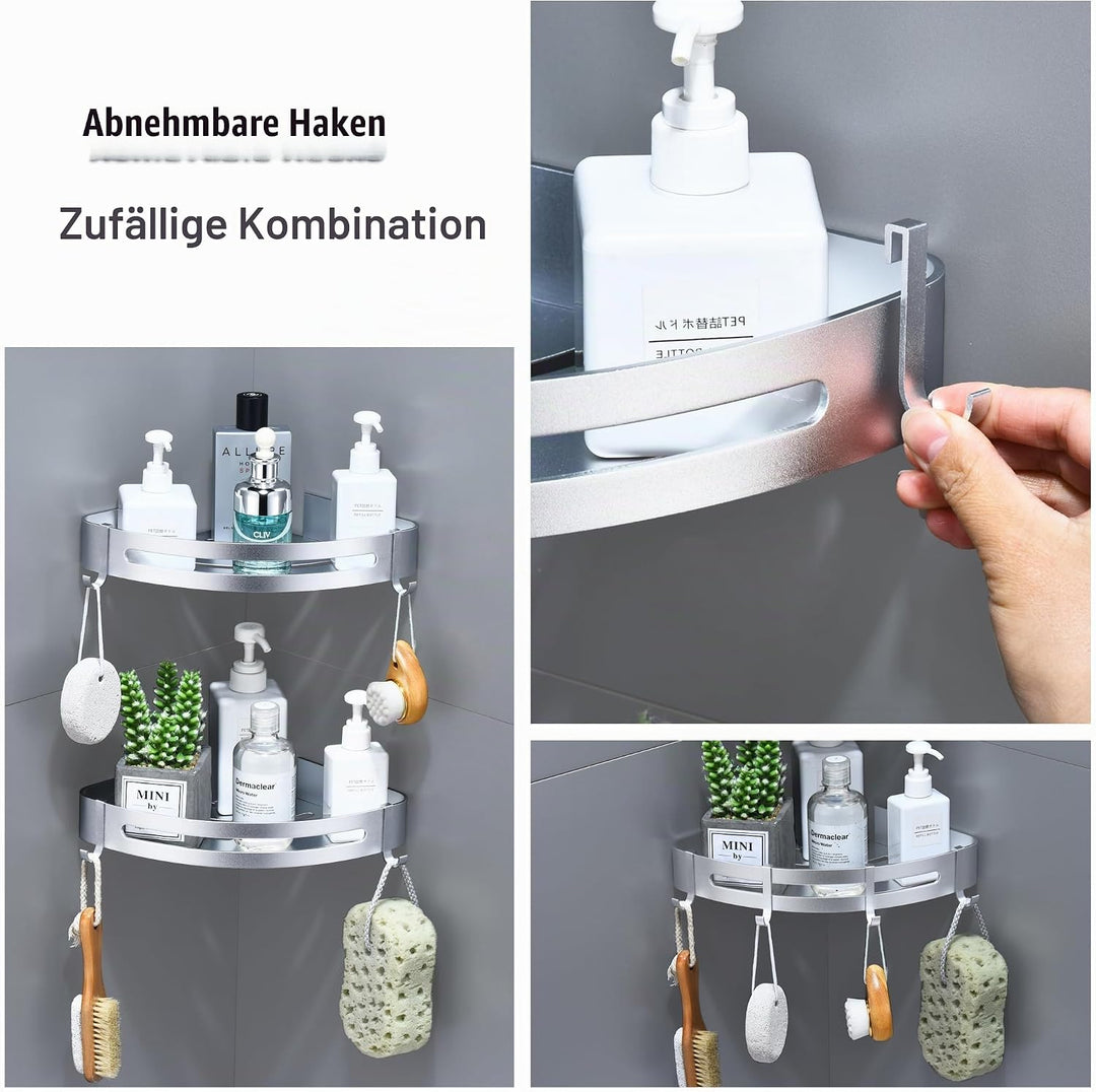 Duschregal Ecke, Duschablage Ohne Bohren Metall Eckregal Bad mit 4 Haken Badezimmer Regal für Shampo