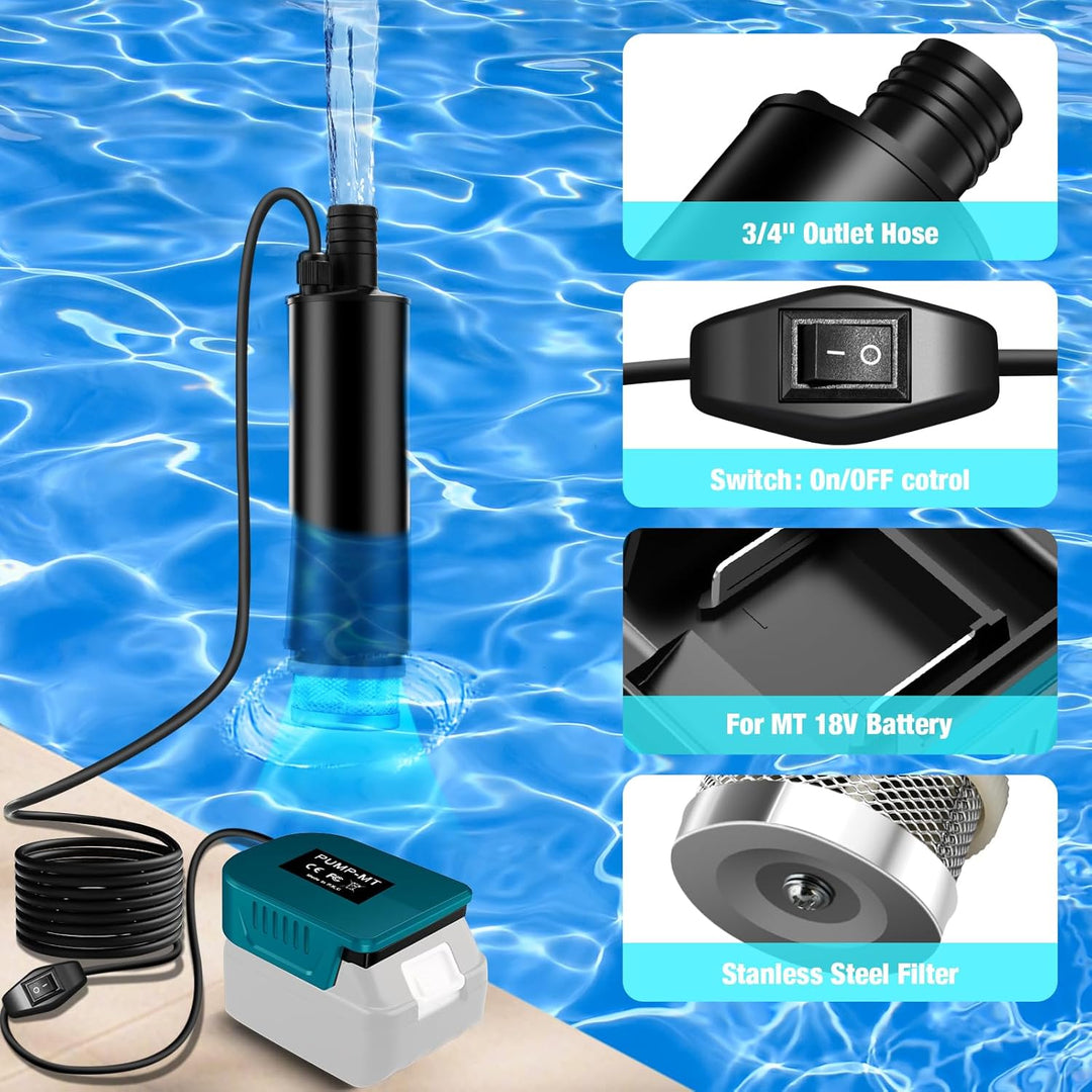 Tragbare Wasserpumpe Sumpfpumpe für Makita 18V Lithium Akku, 120W, 12V Regenfass Wassertransferpumpe