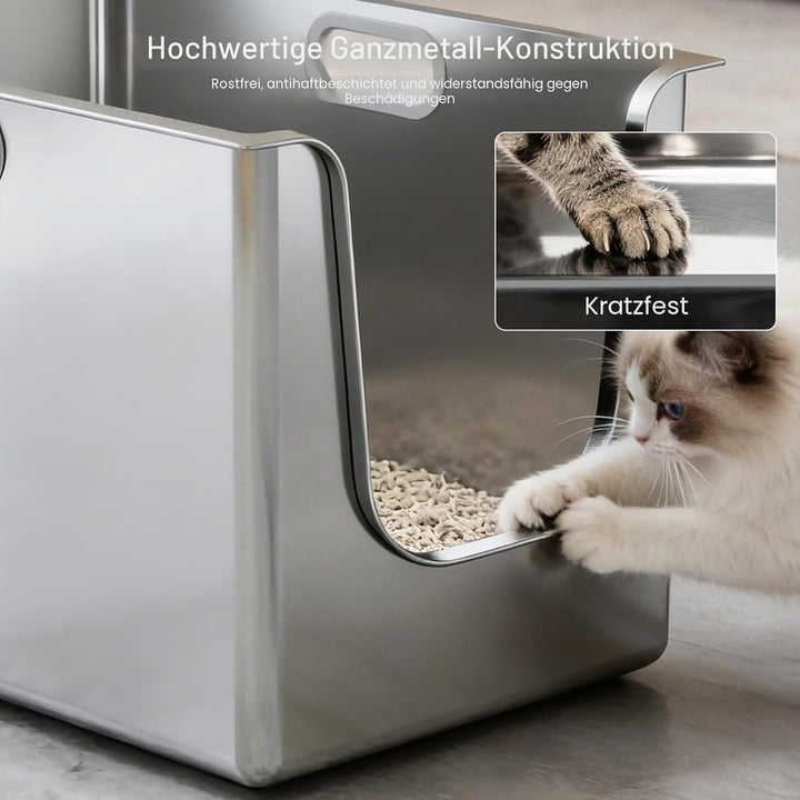 PTLOM Lebensmittelechtes Katzenklo Edelstahl XXXL Katzentoilette 35cm Hohe Ränder Rostfrei,Auslaufsi