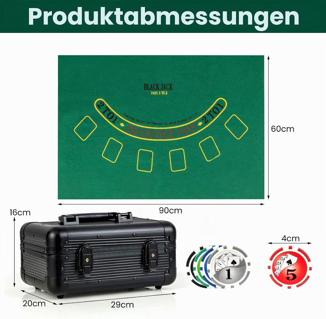 HOMASIS Profi Pokerset mit 300/400 Pokerchips, Pokerkoffer mit Matte, 2 Kartendecks, 5 Würfeln, 1 De