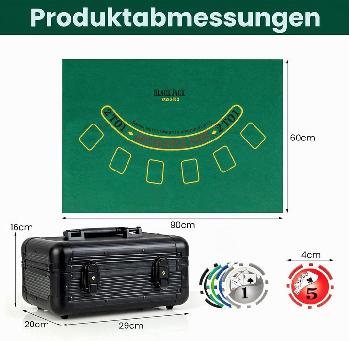 HOMASIS Profi Pokerset mit 300/400 Pokerchips, Pokerkoffer mit Matte, 2 Kartendecks, 5 Würfeln, 1 De