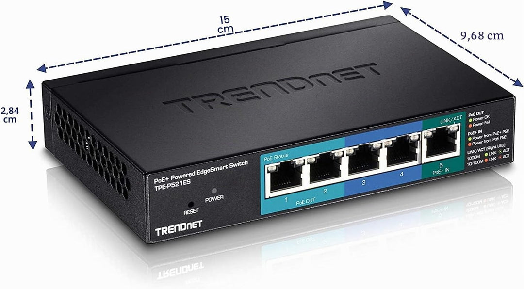 TRENDnet TPE-521ES 5-Port Gigabit PoE+ EdgeSmart Switch mit PoE Durchgang, 18 W PoE Gesamtleistung,
