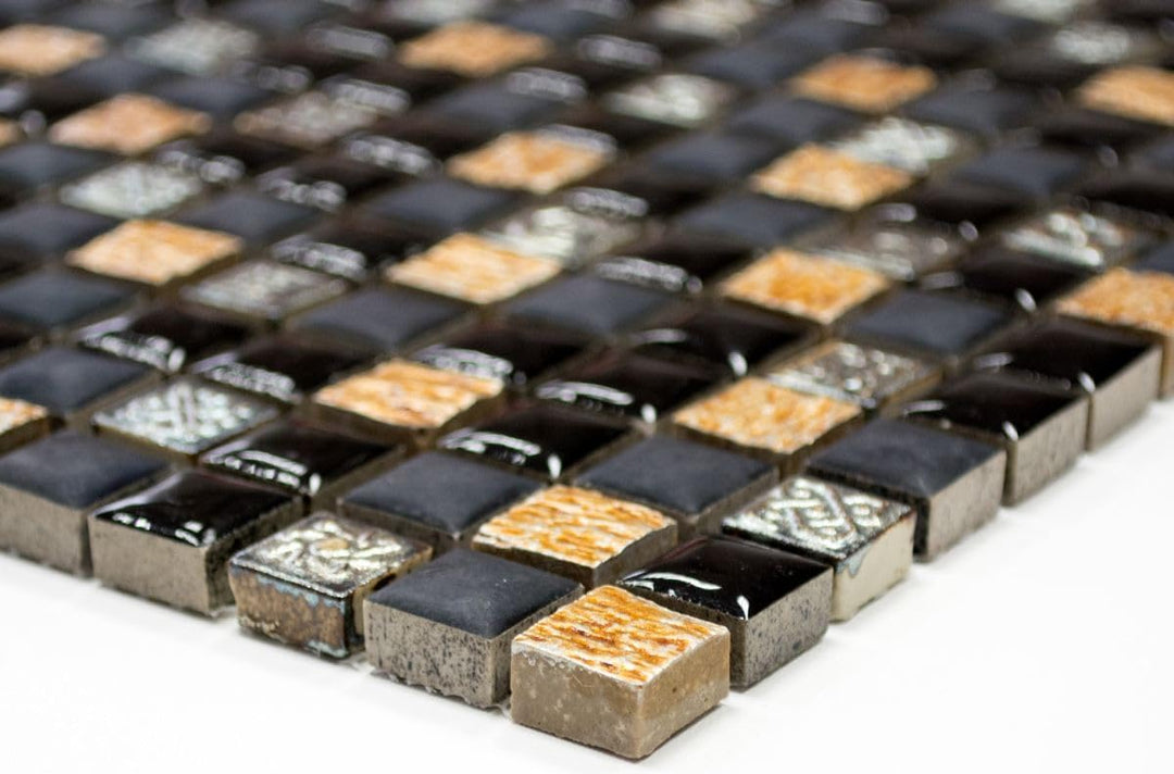 Mosaik Quadrat Resin/Stein mix schwarz mit kupfer Glasmosaik Rustikal, Mosaikstein Format: 15x15x8 m