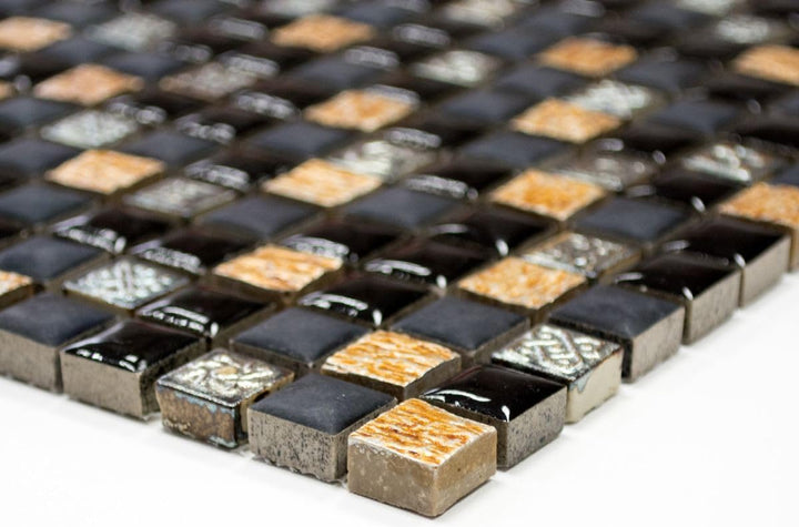 Mosaik Quadrat Resin/Stein mix schwarz mit kupfer Glasmosaik Rustikal, Mosaikstein Format: 15x15x8 m