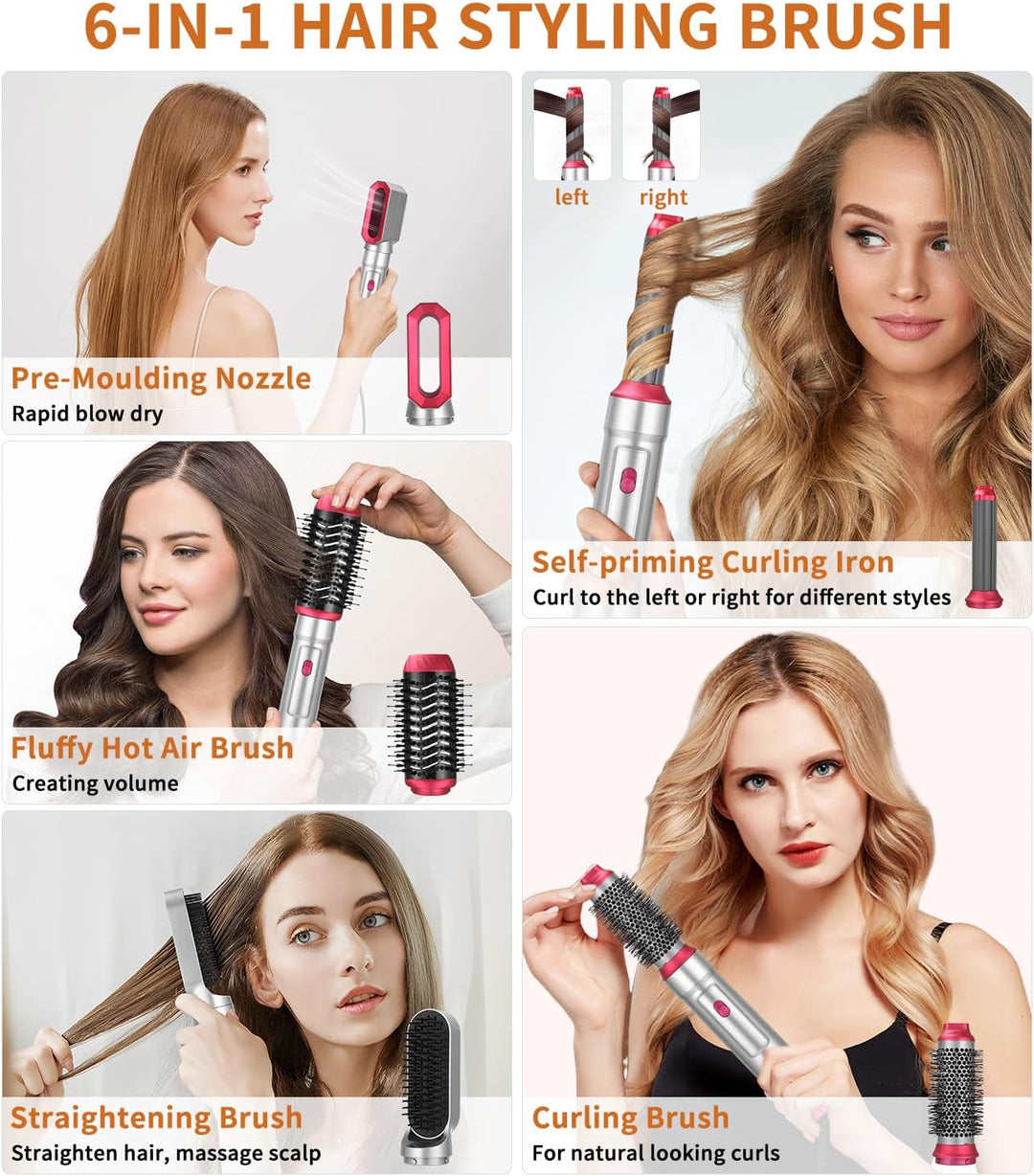 Haarstyler 6 in 1,Warmluftbürste mit 1000W Haarföhn,Lockenstab,Warmluftbürste,Rundbürstenföhn,Glättb