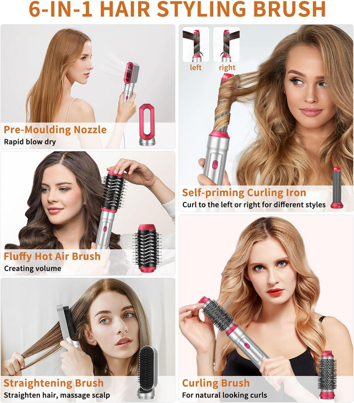 Haarstyler 6 in 1,Warmluftbürste mit 1000W Haarföhn,Lockenstab,Warmluftbürste,Rundbürstenföhn,Glättb