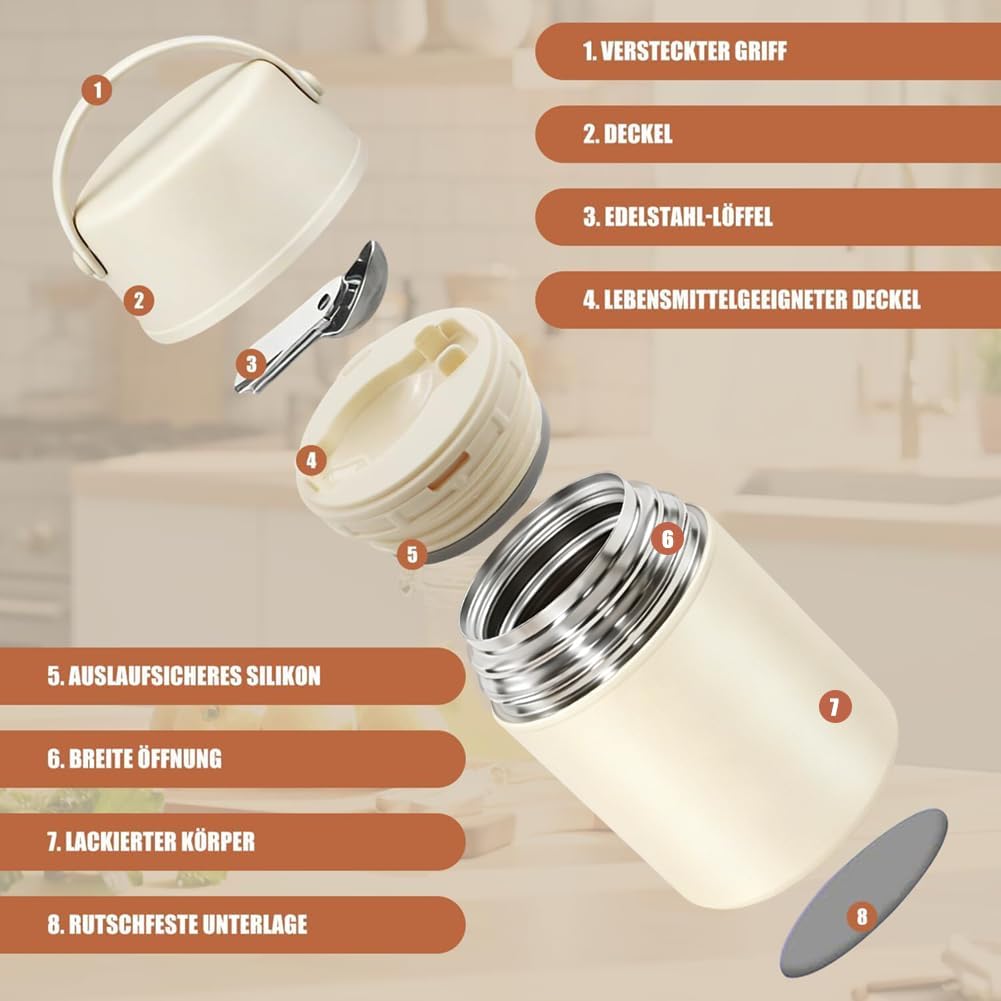 Aohcae Thermobehälter für Essen 850ml, Edelstahl, Auslaufsicher Warmhaltebehälter Essen mit Löffel &