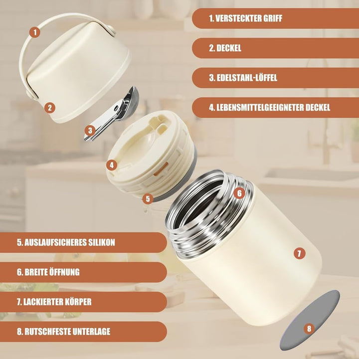 Aohcae Thermobehälter für Essen 850ml, Edelstahl, Auslaufsicher Warmhaltebehälter Essen mit Löffel &