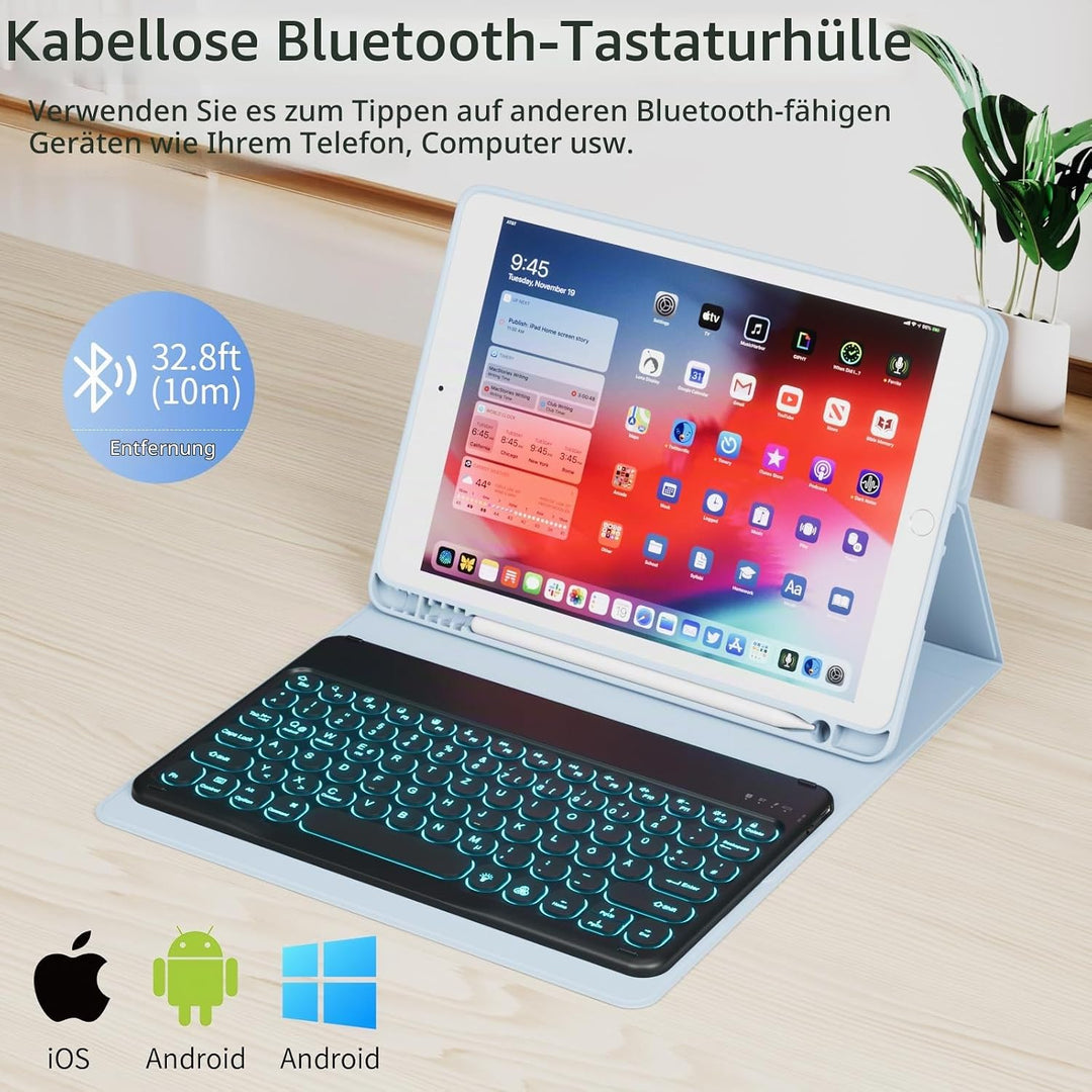 Hülle mit Tastatur für iPad 9/8/7 Generation (2021/2020/2019) 10.2 Zoll Soft TPU Rückschalemit Stift