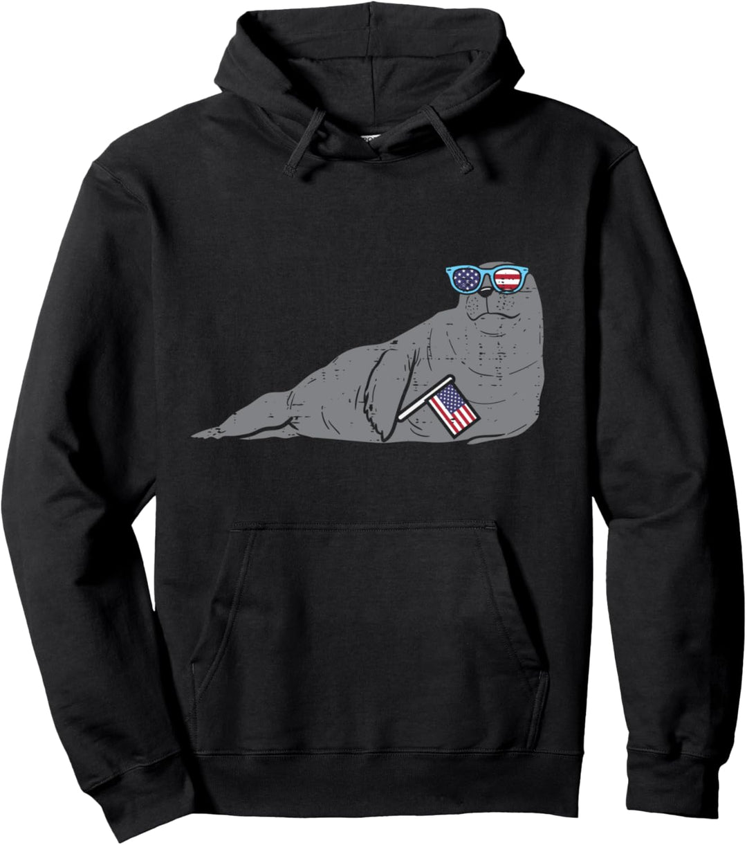 Seal American Flag USA 4th Of July Fourth Patriot Animal Pullover Hoodie