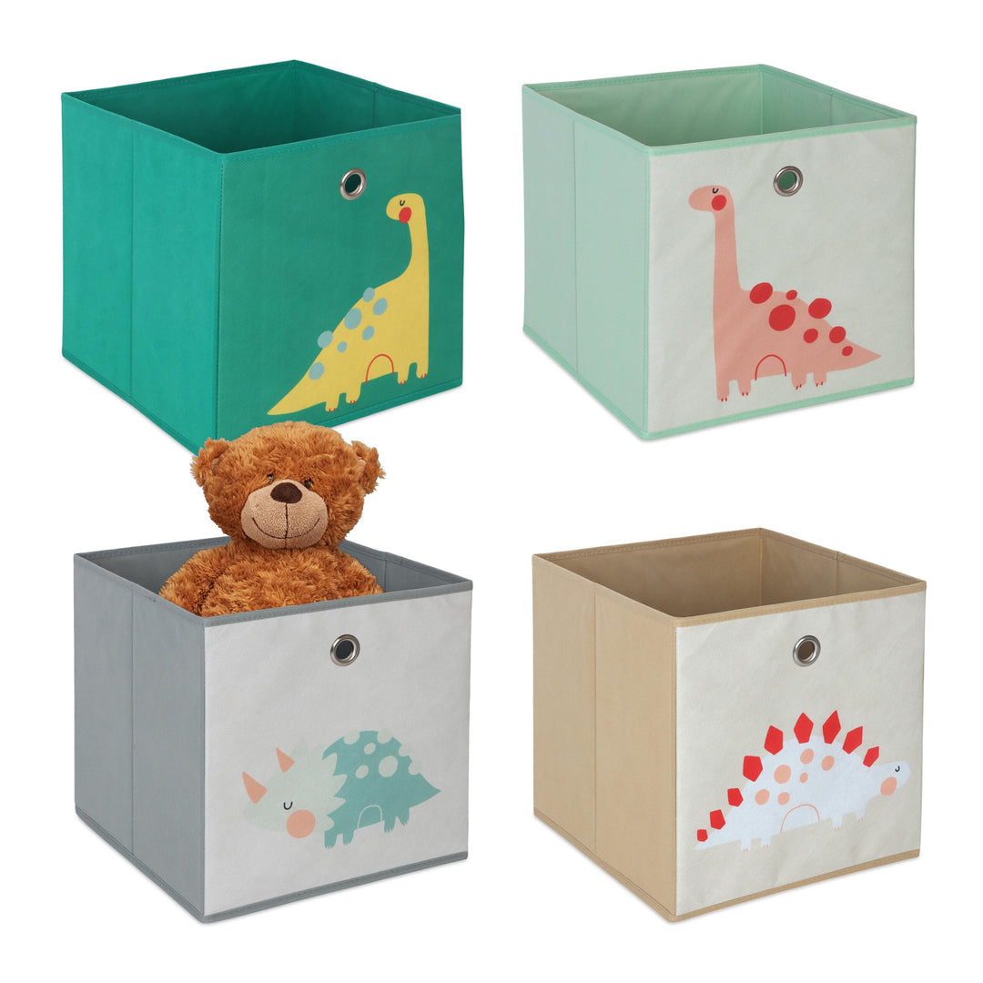 Relaxdays 4er Set, Kinder Aufbewahrungsboxen, süsse Dino-Motive, Faltbox für Würfelregale, HBT: 30x3