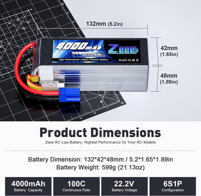 Zeee 6S Lipo Akku 4000mAh 22,2V 100C RC Batterie mit EC5 Stecker für RC Car RC Truck RC Auto Boot He