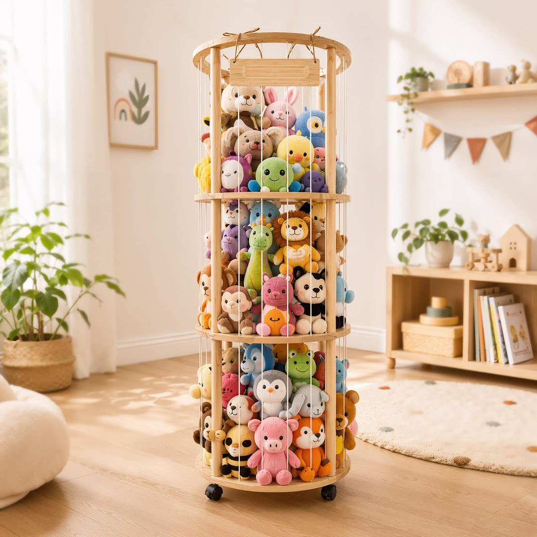 Runde Kuscheltier Aufbewahrung mit Rollen &amp; Bremse – Holz Stofftier Regal mit Zoo Design, 135×45×45
