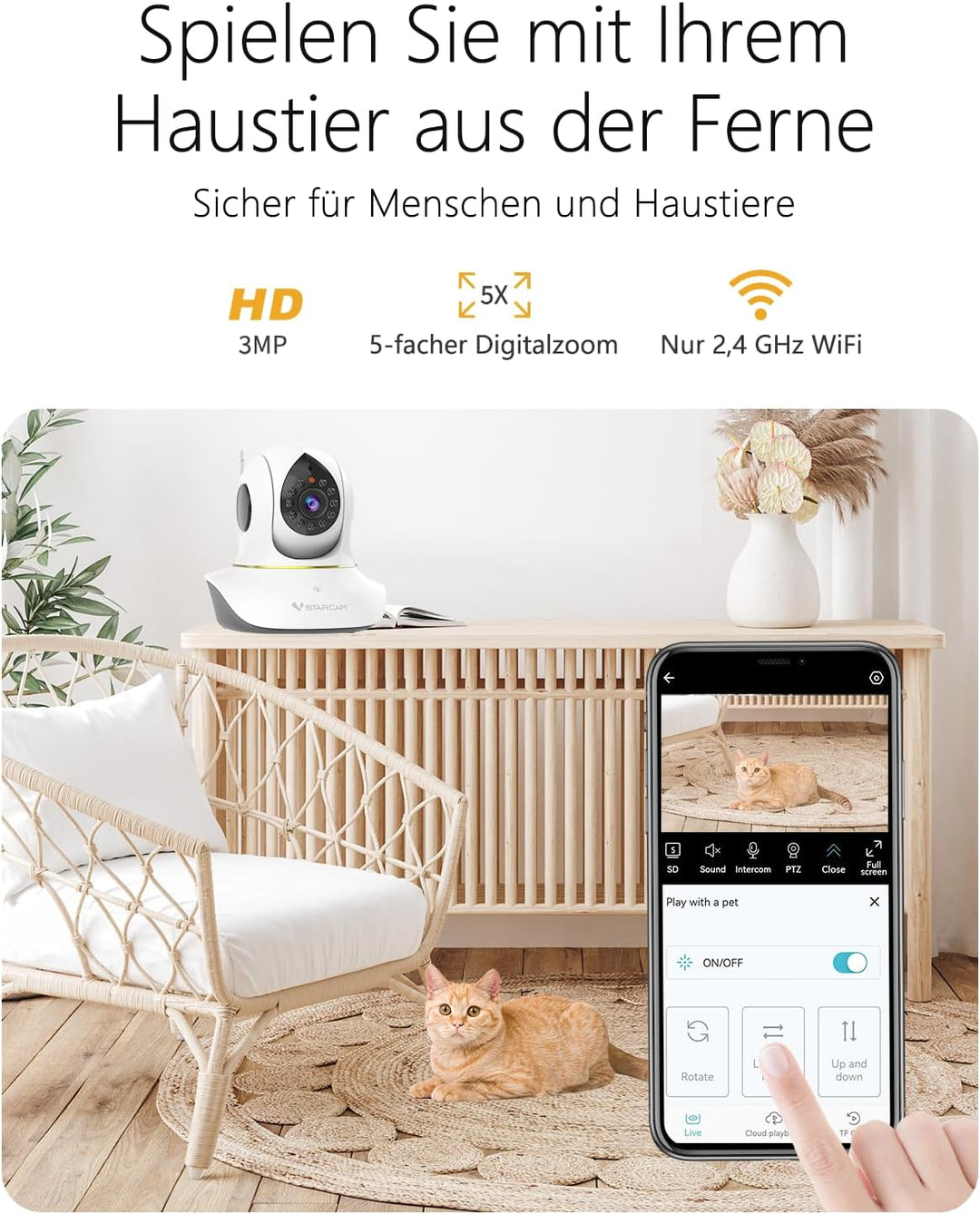 VSTARCAM 2K Überwachungskamera Innen, Interaktive Kamera für Hunde und Katzen mit Handy-App, 360° Li